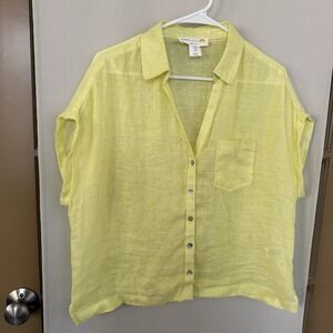C&C California Womens Medium Yellow V-Neck Collared Linen Short Sleeve Button Up